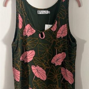 Fighting Eel Pink and Green Leaf Print Tank Top